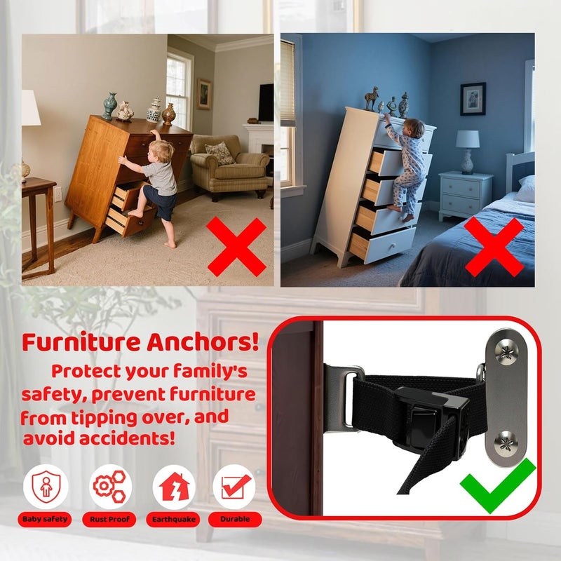OKETHERMO Store Furniture Anchors for Baby Proofing(2 Sets),Anti Tip Furniture Anchors,Furniture Wall Anchor,Adjustable Furniture Straps,Wall Anchors for Furniture Securing for Baby&Pet Safety - Image 4